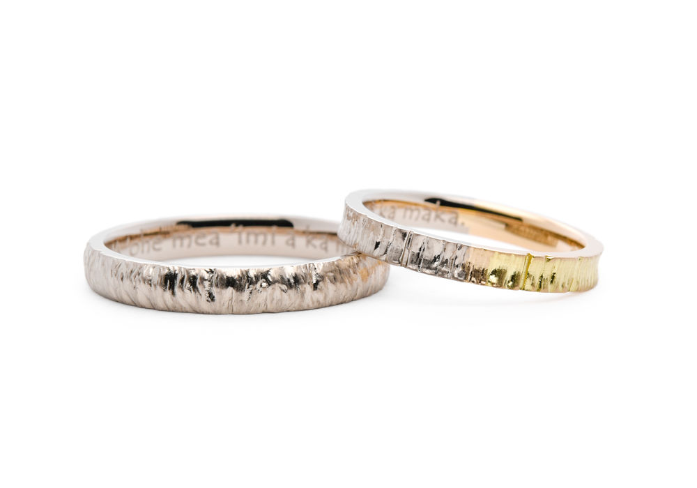 木の枝モチーフの縦ラインが入った手作り結婚指輪 H様ご夫婦