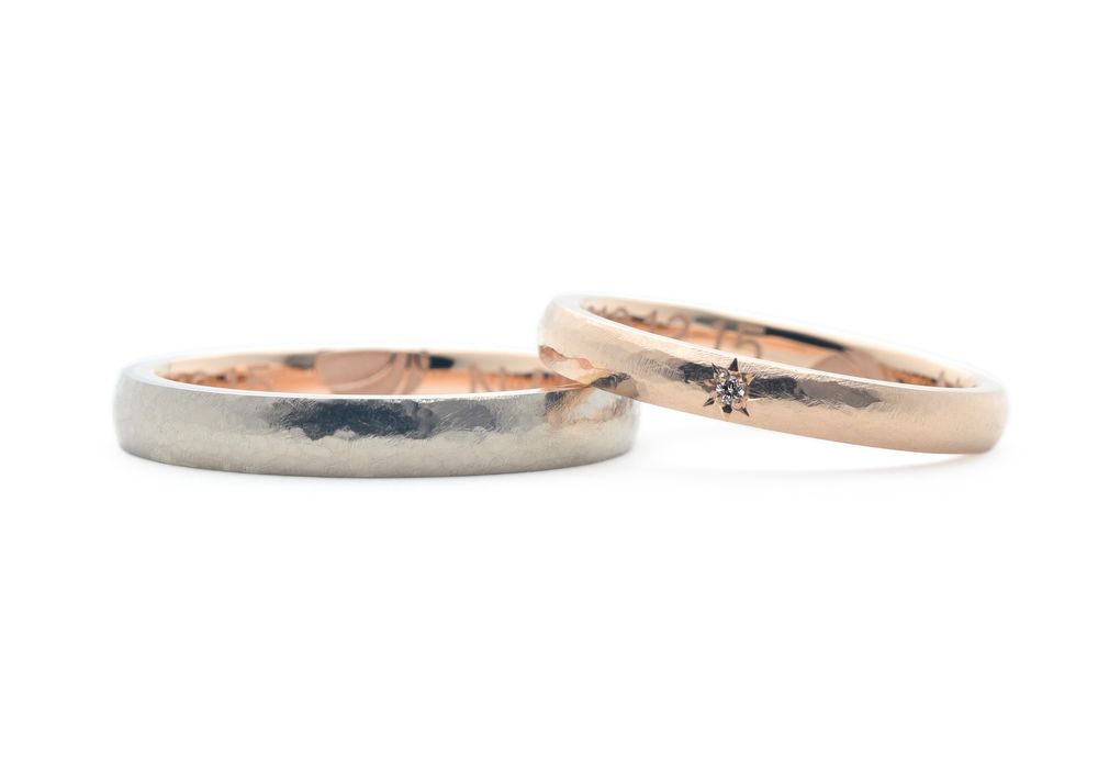 ピンクとシャンパンゴールドにマット加工を施した手作り結婚指輪 Hiroyuki&Naoko