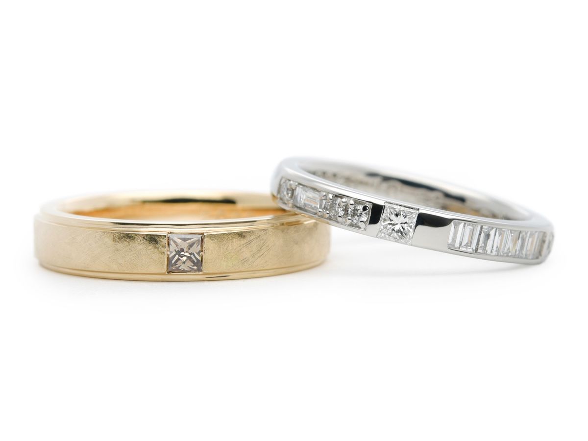 プリンセスカットのダイヤを留めた手作り結婚指輪 I様ご夫婦