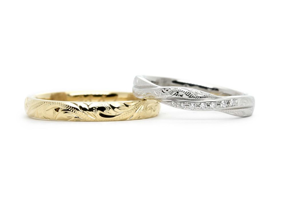編み込みフォルムとストレートフォルムにハワイアン彫りをしたオーダーメイドの結婚指輪