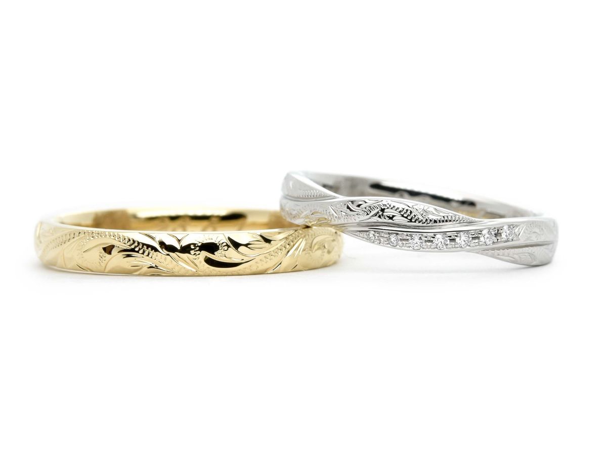 編み込みフォルムとストレートフォルムにハワイアン彫りをしたオーダーメイドの結婚指輪
