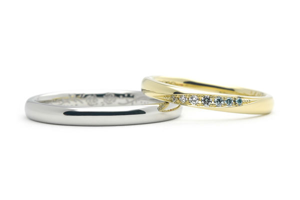 ライムゴールドにアイスブルーダイヤモンドをお留めした手作り結婚指輪