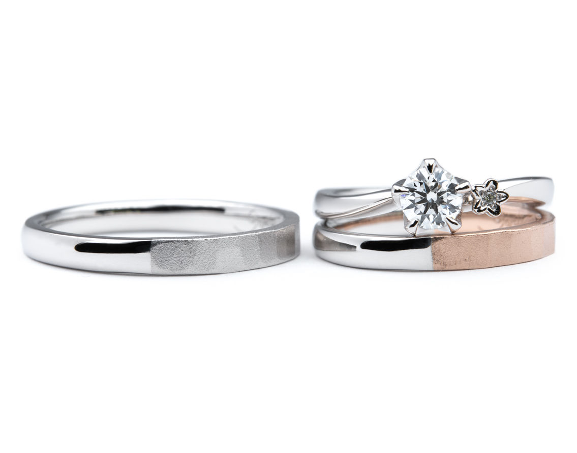 ハンマーの結婚指輪とお花の婚約指輪オーダーメイド手作りセットリング