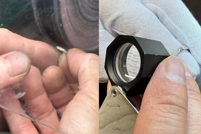 ルーペを使った最終検品の様子