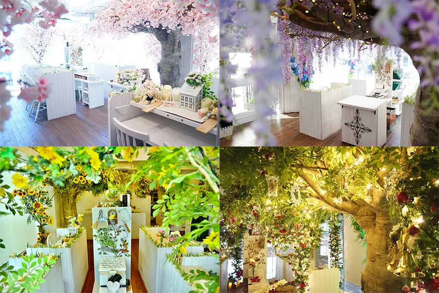 季節ごとに装いが変わるHamri表参道の店内（桜・藤・ひまわり・クリスマス）