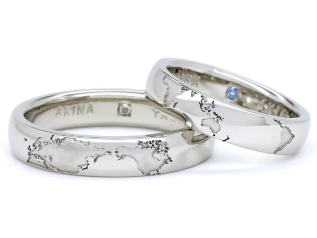 世界地図の内側に誕生石を留めた手作り結婚指輪 石井さまご夫婦 2014.03.12