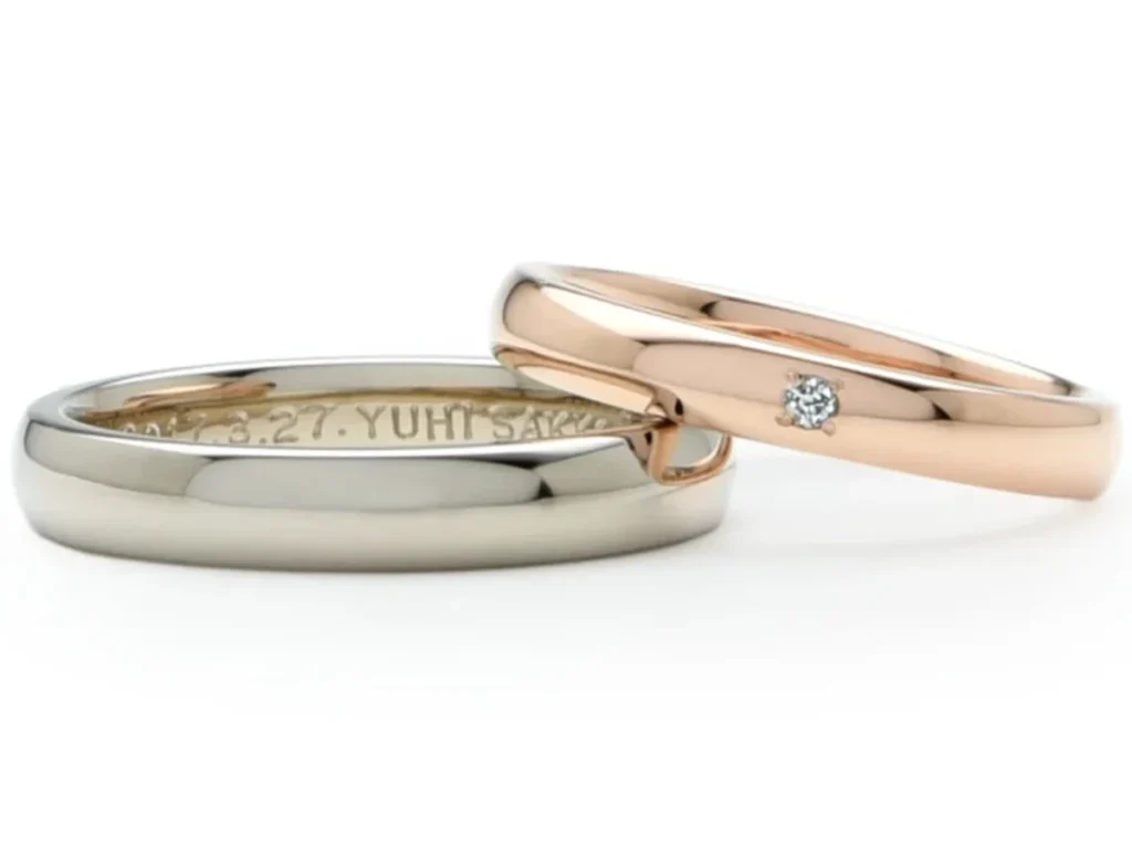 ホワイトゴールドとピンクゴールドを使った甲丸リングの手作り結婚指輪 Y様&S様