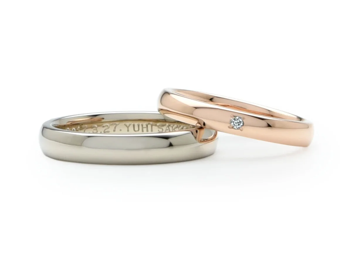 ホワイトゴールドとピンクゴールドを使った甲丸リングの手作り結婚指輪 Y様&S様
