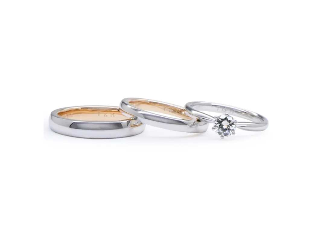 ストレートのソリティアの婚約指輪と内外コンビのシンプルな手作り結婚指輪 Takahiro&Mayu様