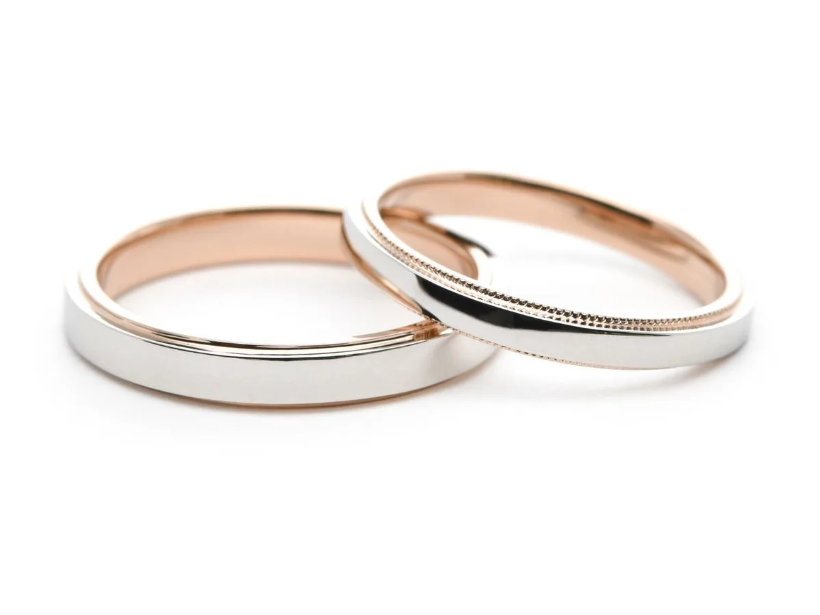 縁に細かいミルが打たれたコンビのオーダーメイド結婚指輪 東京 Yoshitaka&Mia 2022.09.04