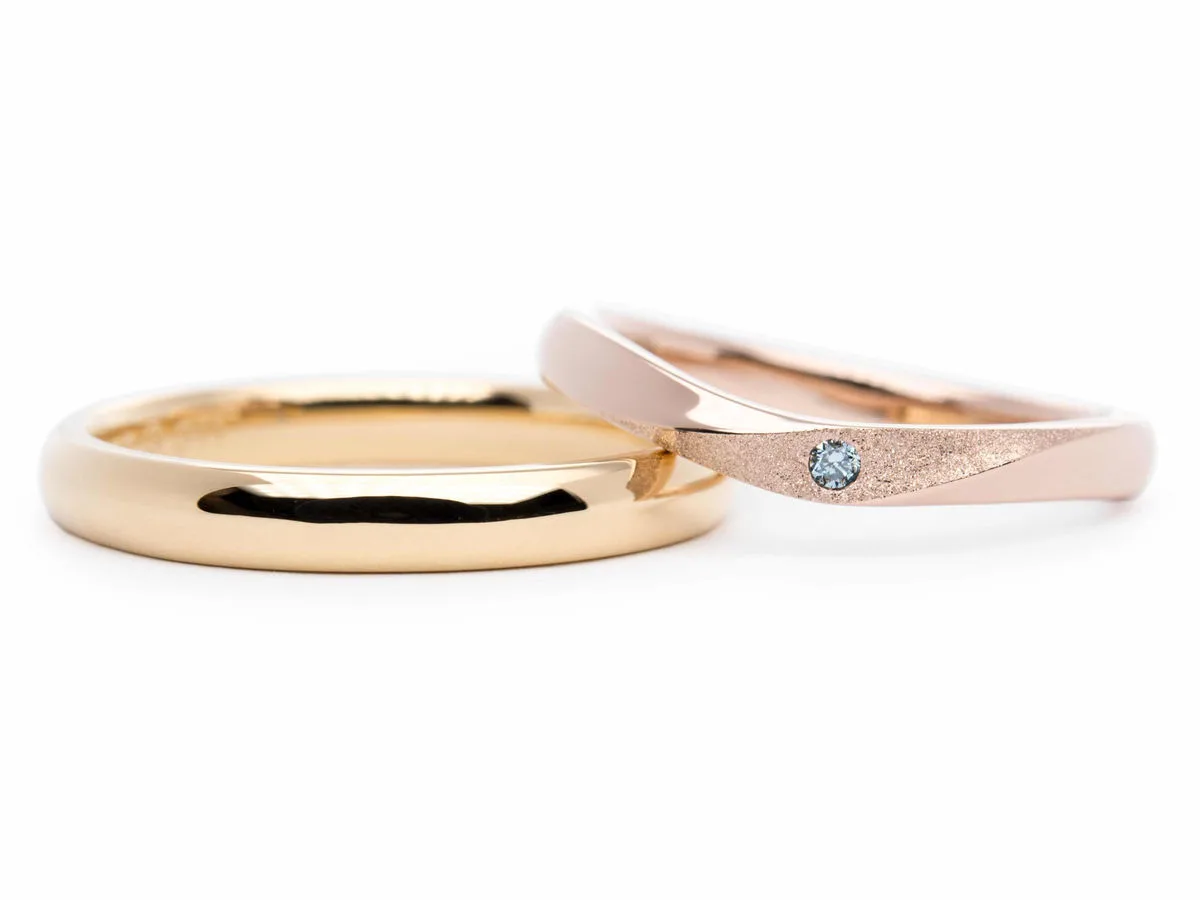 シンプルなイエローとローズゴールドにブルーダイヤが留まった手作り結婚指輪 神奈川 Ren&Mayu 2023.02.26