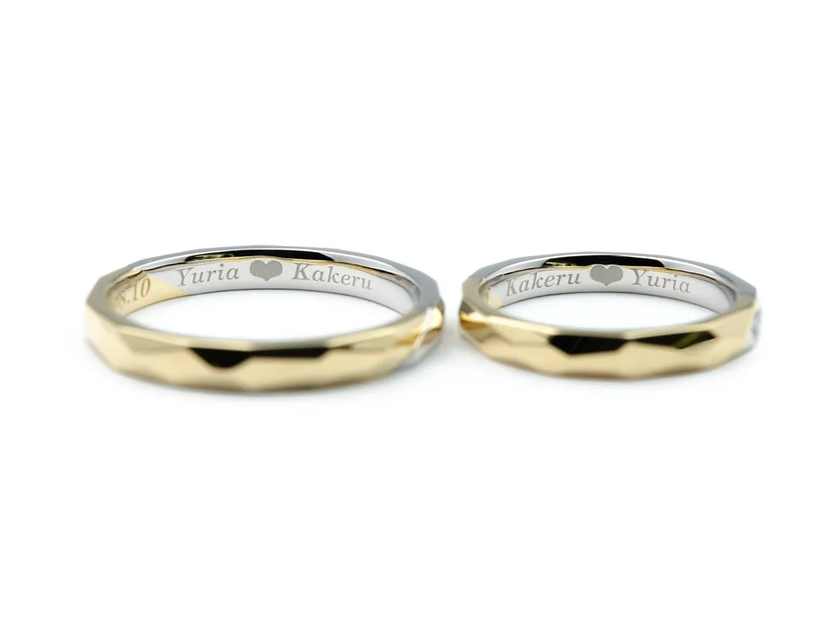 ライムゴールドとプラチナ両方を使ったファセットの結婚指輪 4