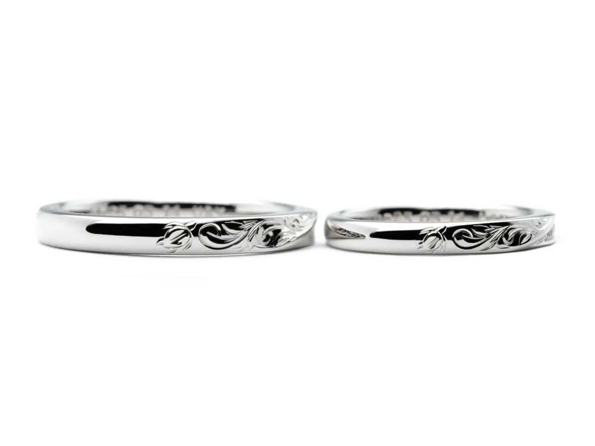 ホヌとプルメリアのハワイアン彫りが入った手作り結婚指輪 2