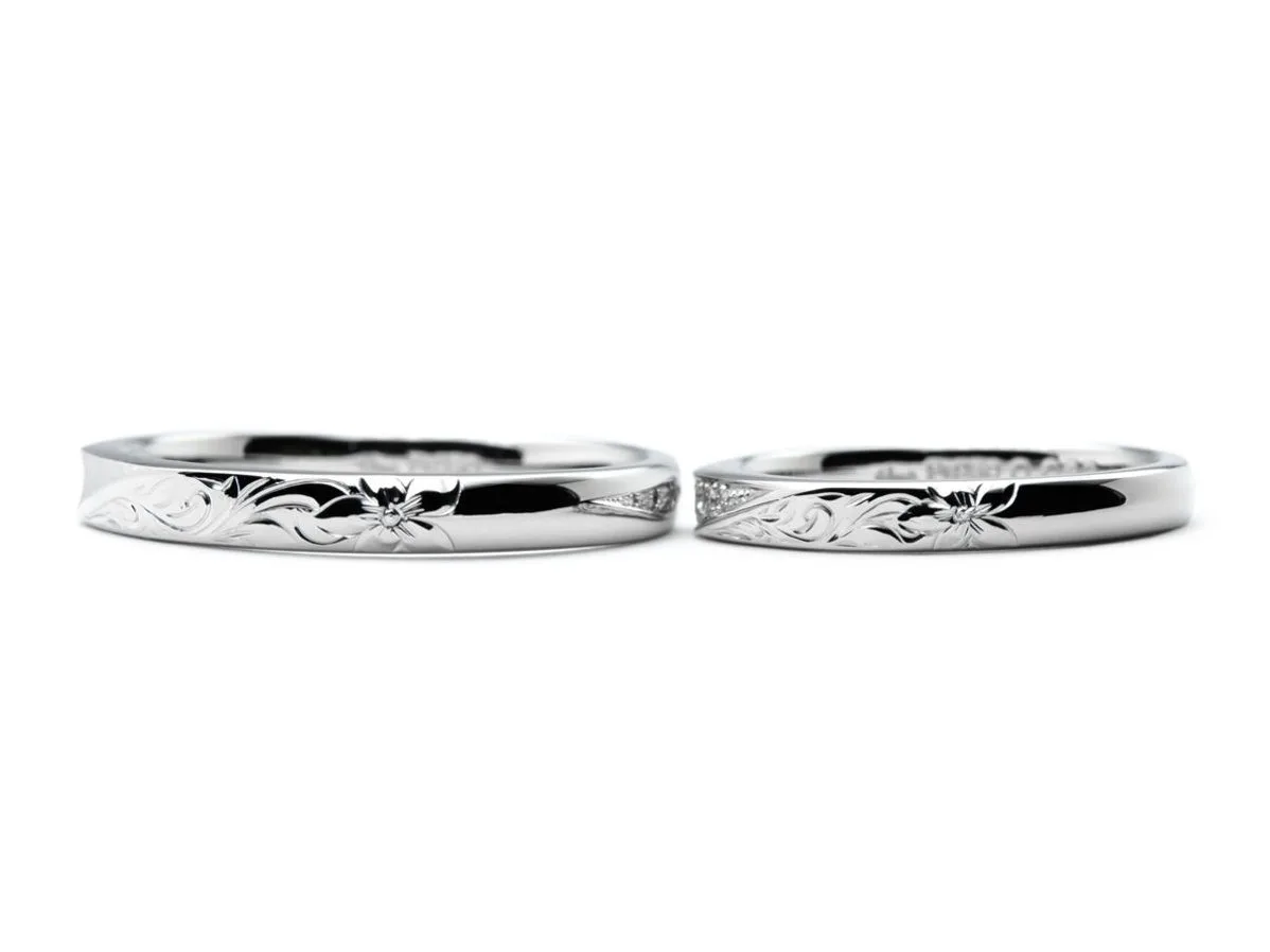 ホヌとプルメリアのハワイアン彫りが入った手作り結婚指輪 3