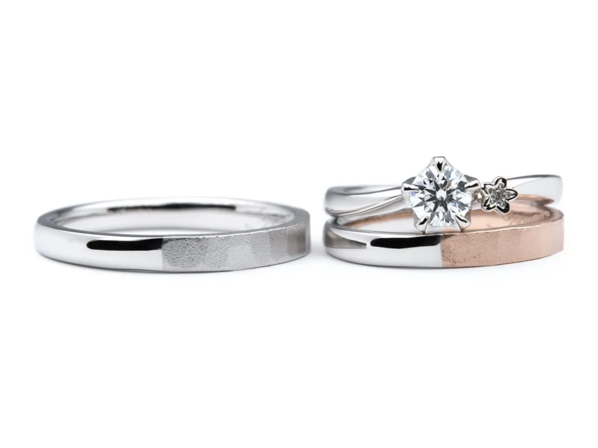 ハンマーの結婚指輪とお花の婚約指輪オーダーメイド手作りセットリング