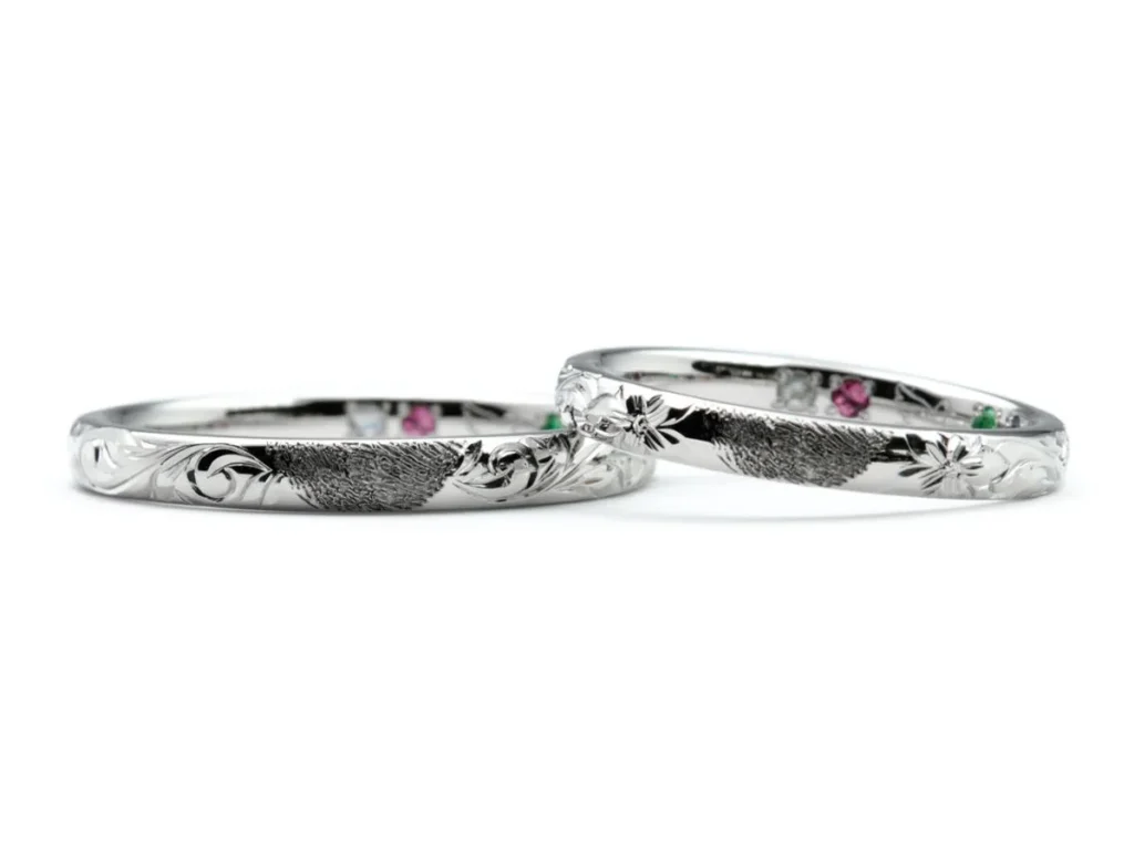 お子様の指紋とハワイアン彫りを組み合わせた家族の繋がりを感じる手作り結婚指輪
