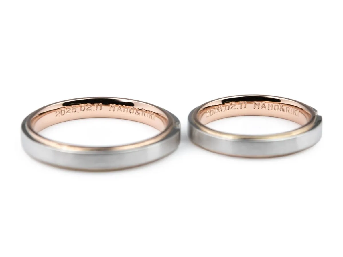 プリンセスカットが煌めく平打ちコンビネーション手作り結婚指輪 3